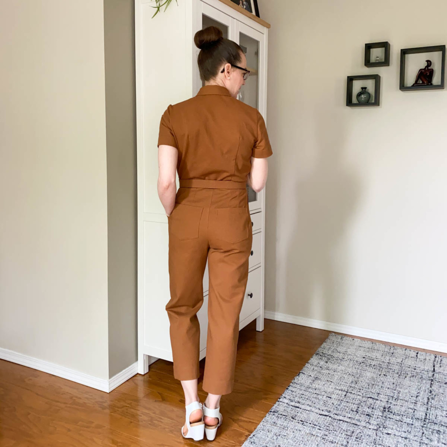 Back view of me wearing my Len Coveralls in Teak Bull Denim