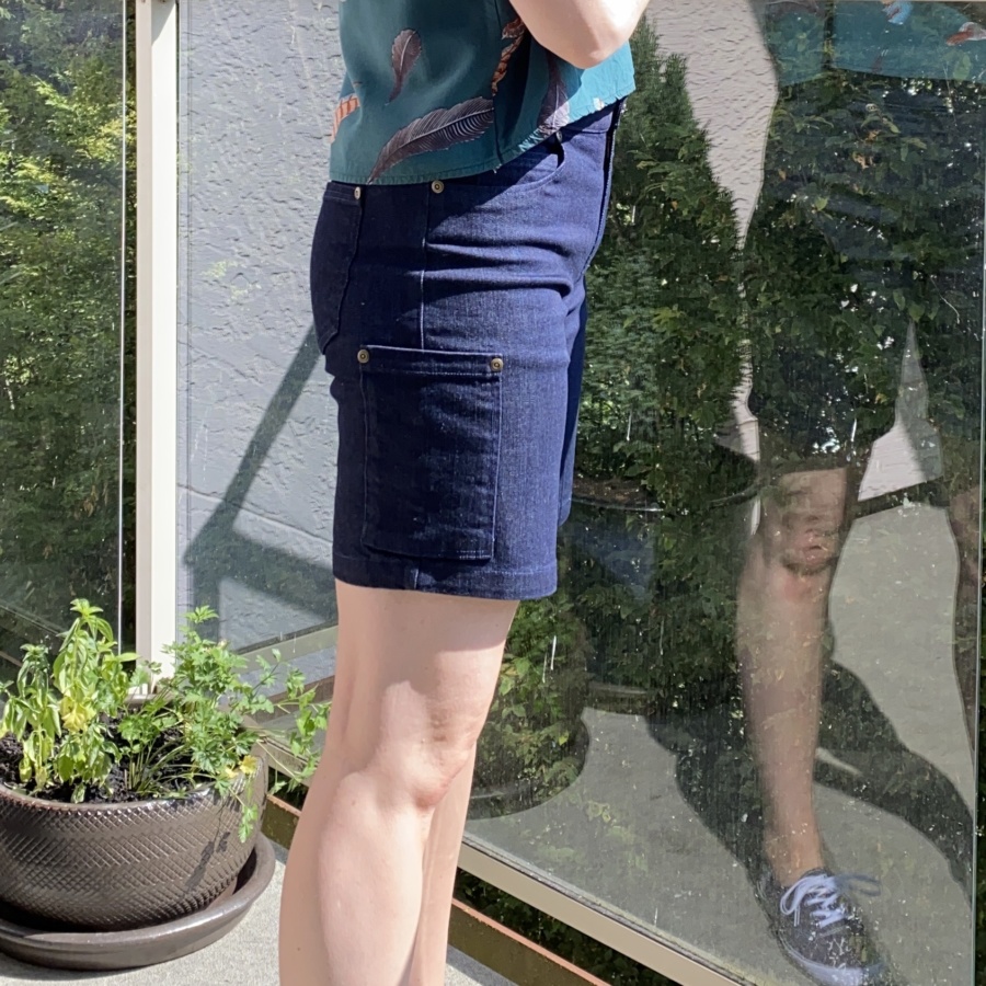Ginger Jean shorts, side view close up showing cell phone pocket