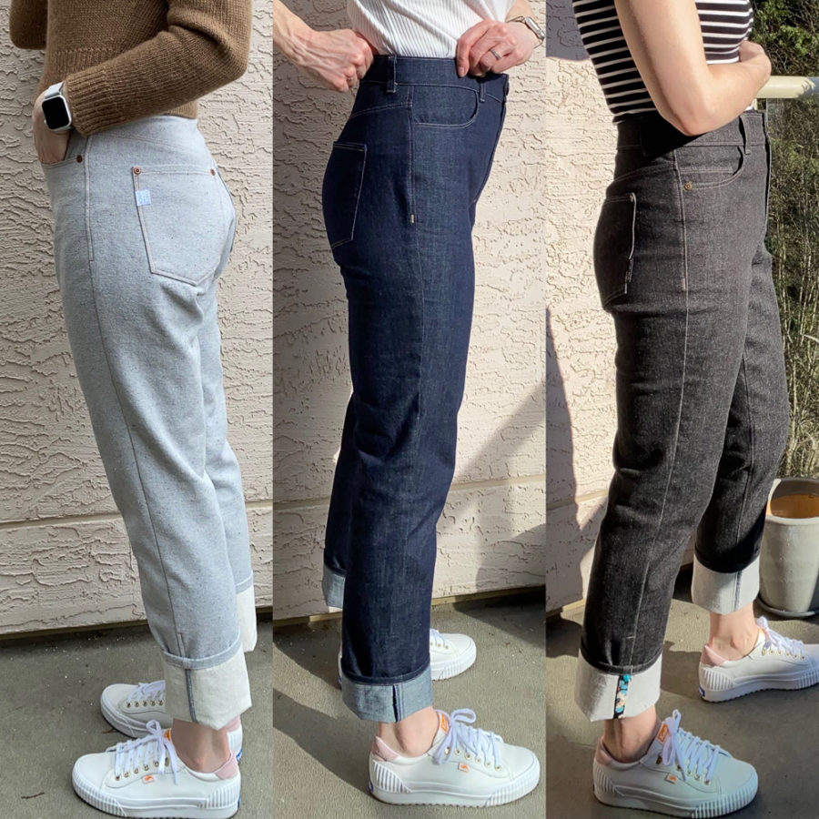 A combined photo showing me wearing all three pairs. Photo is cropped to focus on the sides of the jeans. Grey jeans are on the left, indigo jeans in the middle, and black jeans on the right. All are rolled at the hem once. 